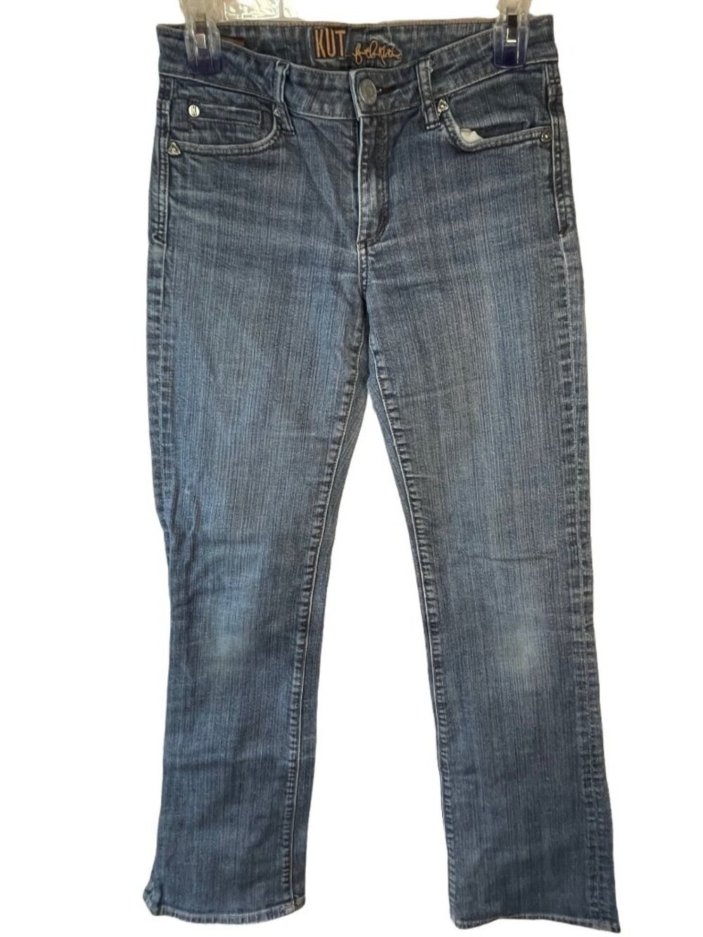 KUT jeans medium blue wash cotton blend embroyered pockets zipper button READ